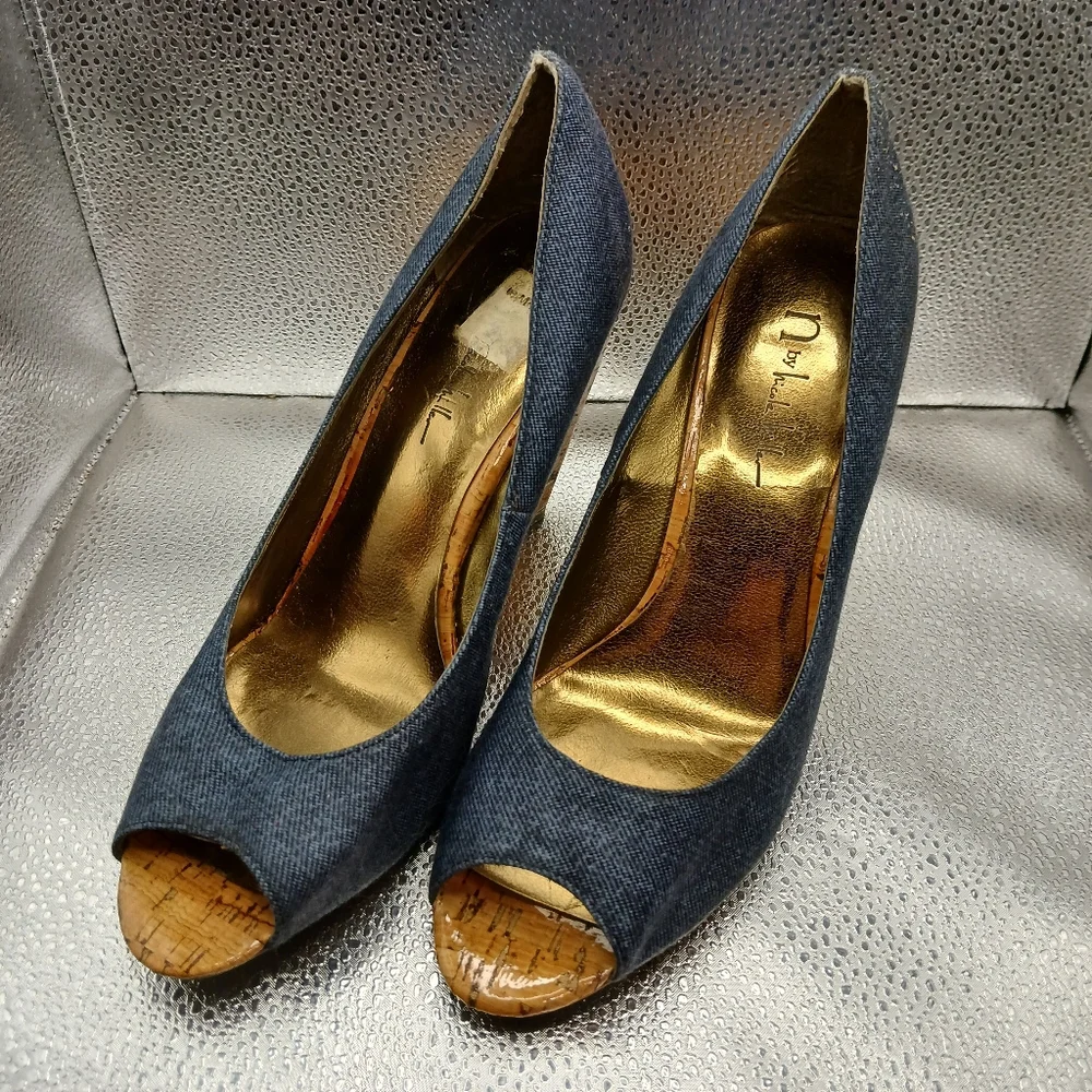 Nicole Miller Blue Denim Peep Toe Wedges Women's Size 10 - Picture 3 of 8